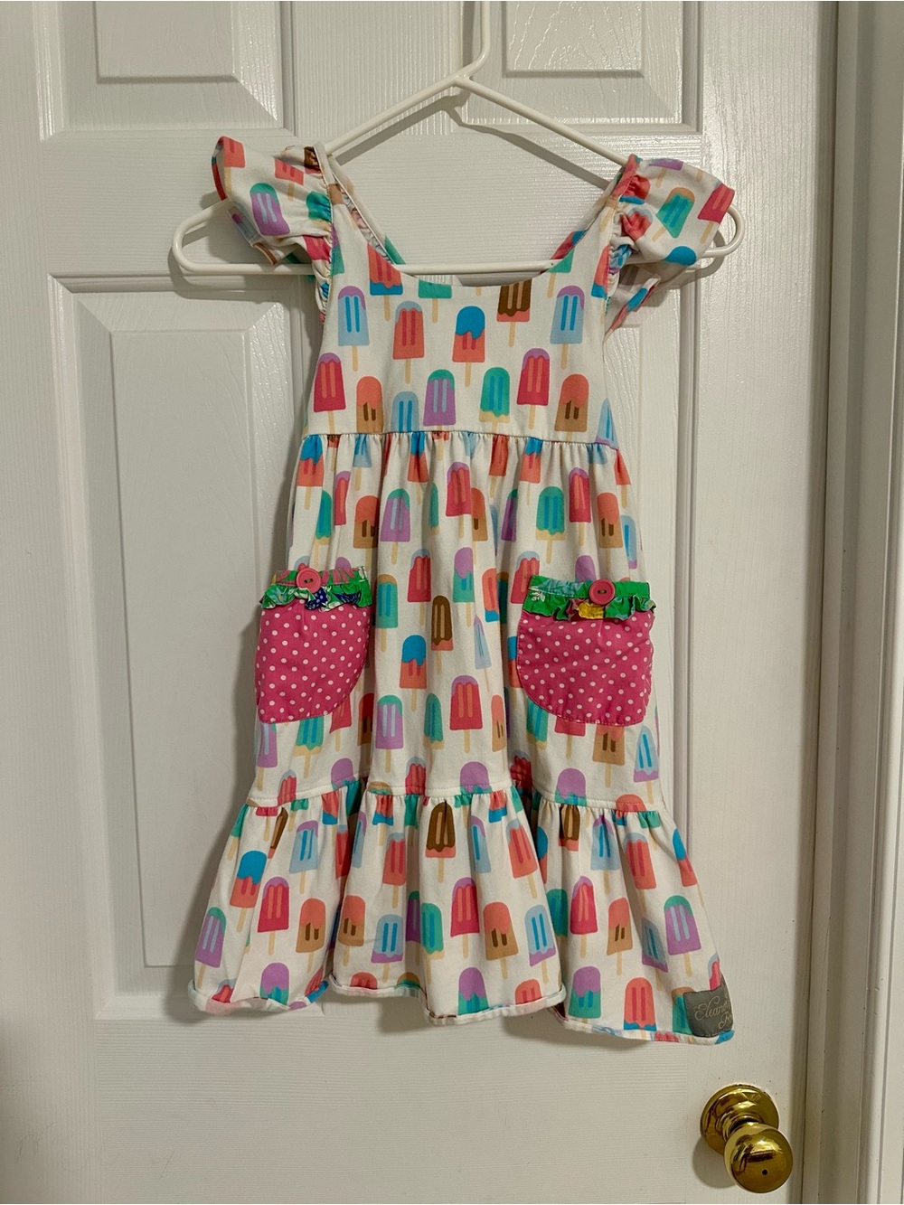 Eleanor Rose Girls White Popsicle Print Summer Dress with Pink Pocket Accents